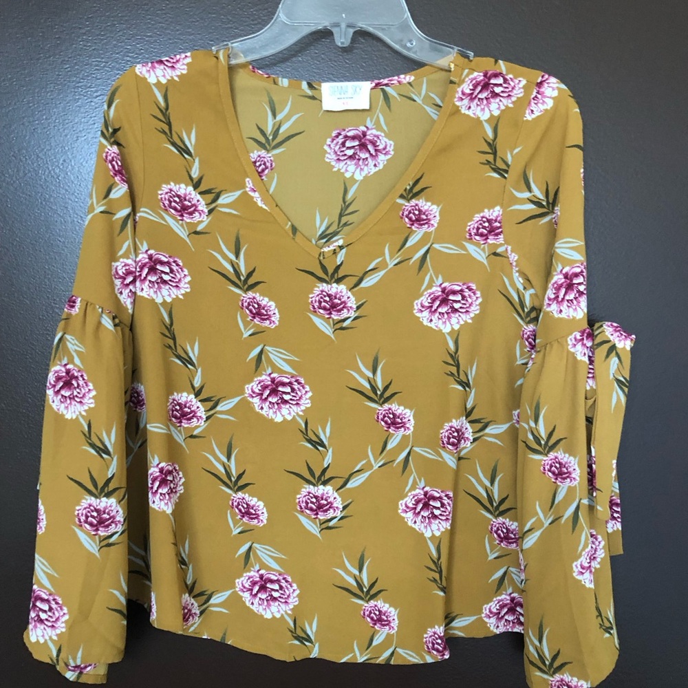 Sienna Sky Mustard Floral Relaxed Blouse with bow tie on sleeve